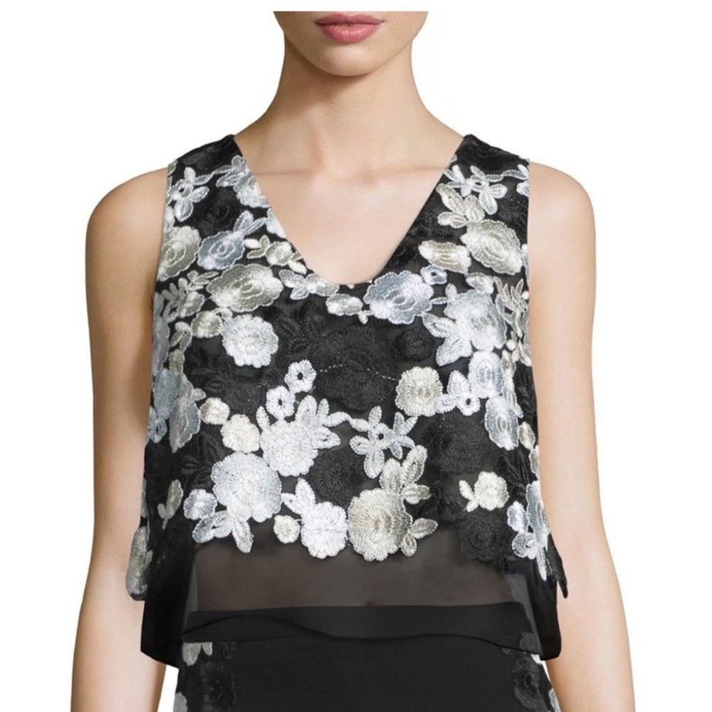 Diane von Furstenberg Jojo Embroidered Boxy Crepe Top silk floral black white S